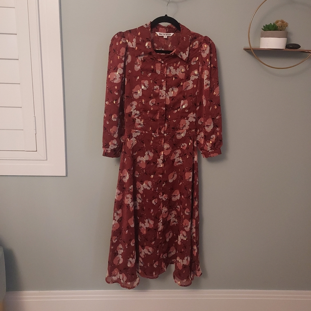 Floral brick red and gold dress. Walter Baker. Size XS
